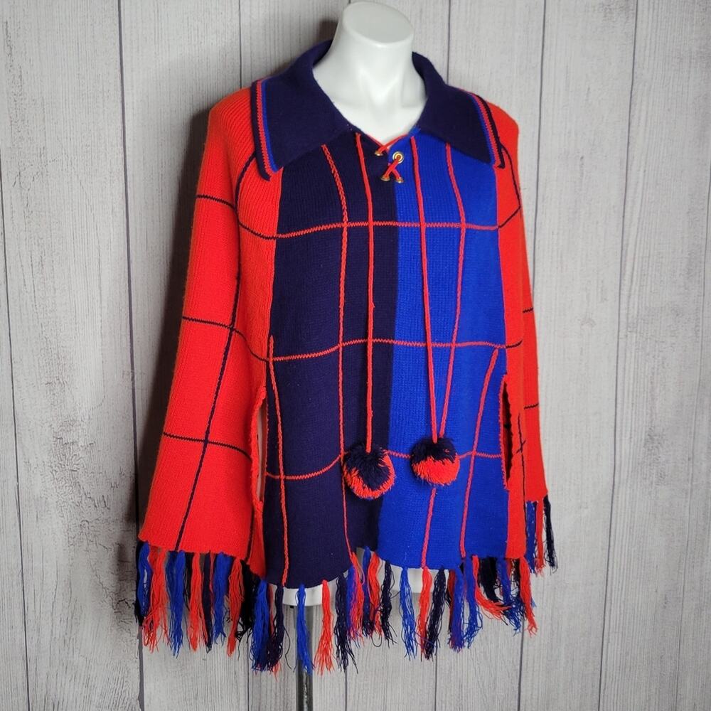 Vintage Color Block Plaid Fringed Poncho Cape with PomPoms